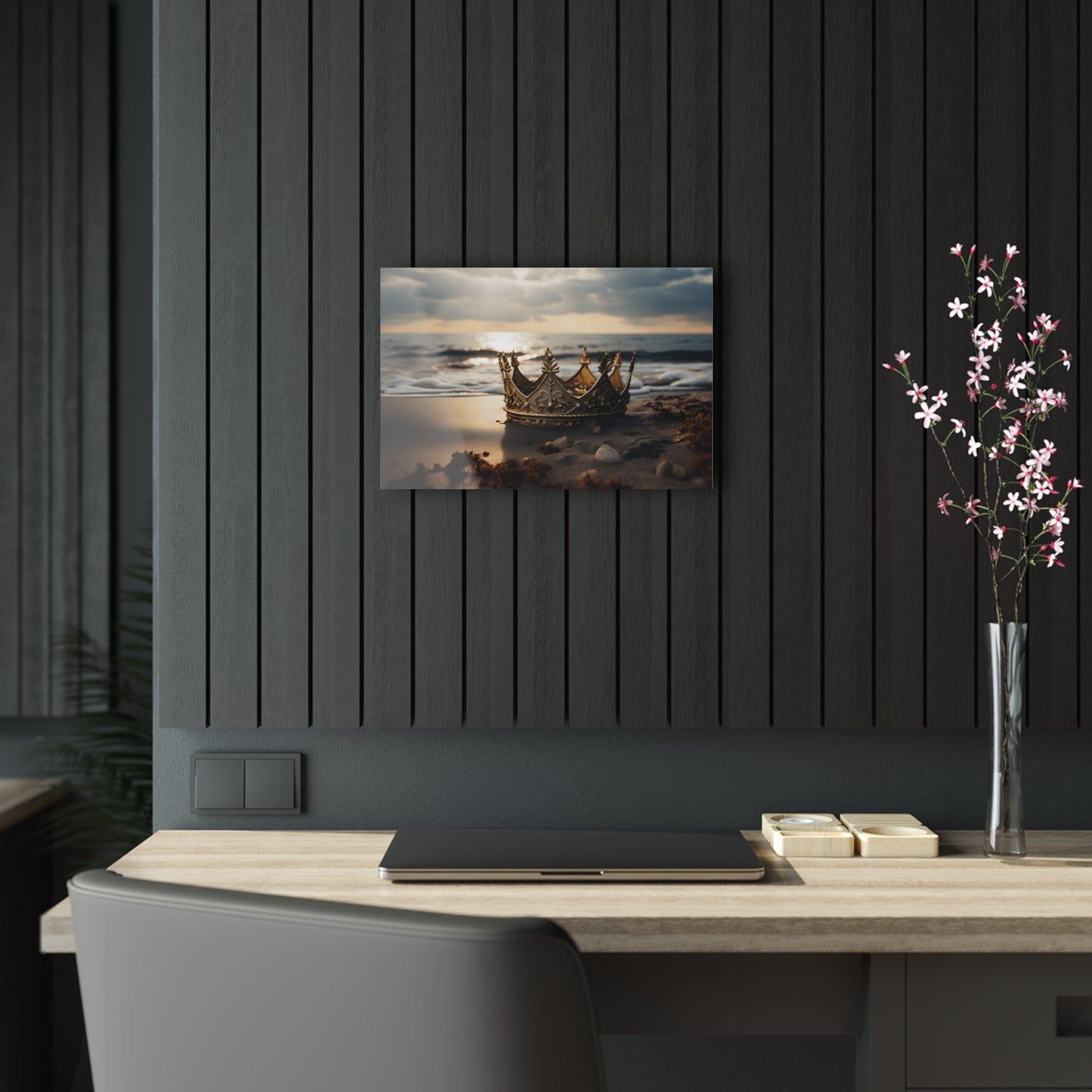 Horizontal-oriented wall art: "Find Your Crown" A golden crown rests gracefully on a sandy shore, illuminated by the warm glow of a sunset over gentle ocean waves. This evocative scene symbolizes self-discovery and the pursuit of inner majesty.