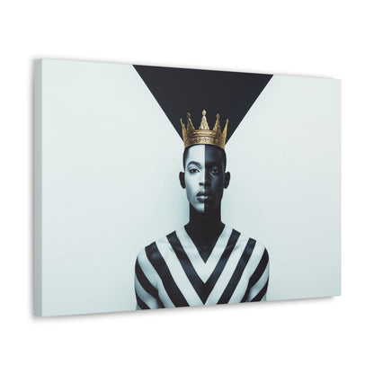 Horizontal-oriented wall art: "Crown of Dignity" A powerful portrait of a man wearing a golden crown, his face divided into bold black-and-white halves symbolizing balance and duality. The geometric background enhances the striking composition, blending regal elegance with modern precision.