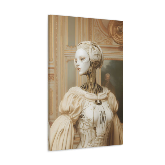 Vertical-oriented wall art: "Posed Processors II" A feminine android with exposed mechanical components wears a flowing Renaissance-inspired gown against an ornate, golden interior backdrop. The piece blends classical art with futuristic design, emphasizing the intricate details of both fabric and robotics.