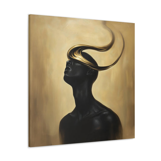 Square-oriented wall art: "Gilded Ascension" A surreal black figure with golden strands flowing from its head, symbolizing spiritual elevation against a golden background. The contrasting black and gold colors create a striking visual, evoking themes of ascension and transformation.