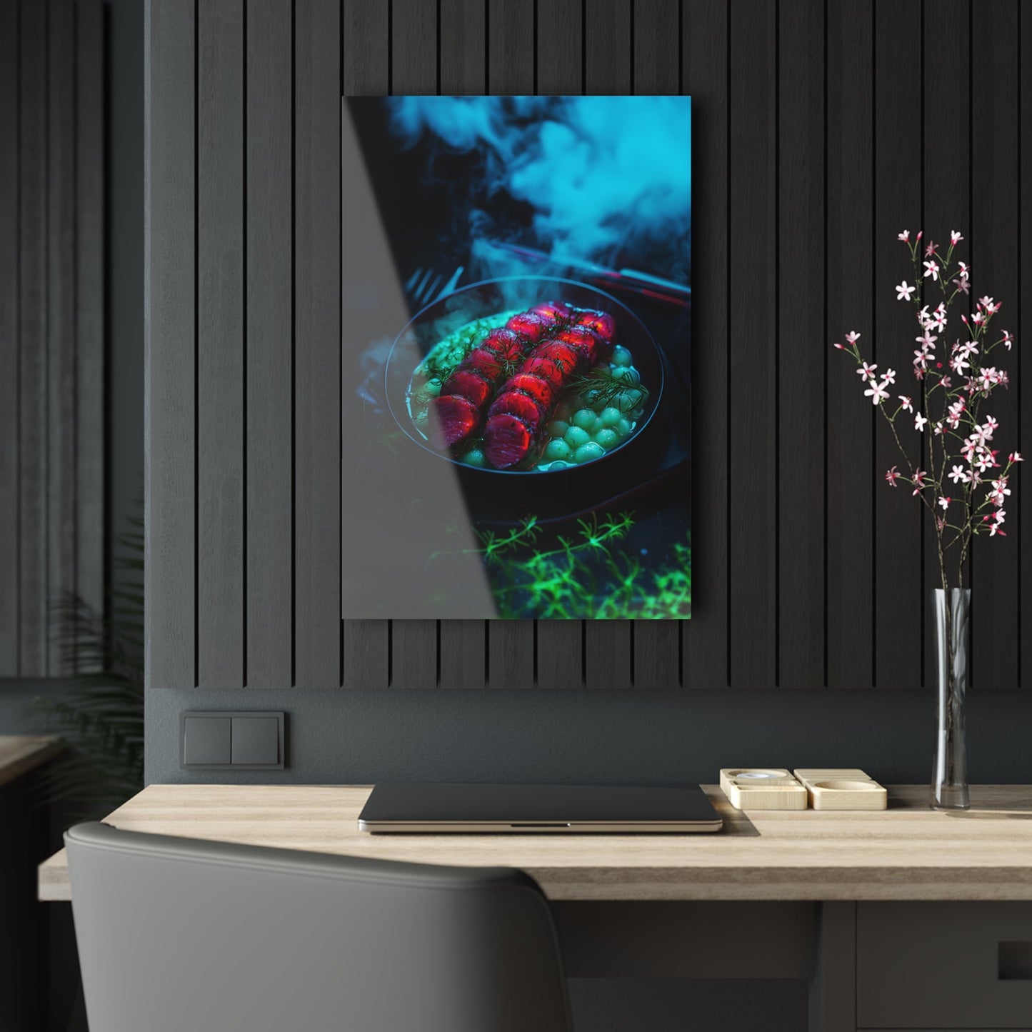 Vertical-oriented wall art: "Xeno Cuisine II." A glowing plate of vibrant red alien meat and bioluminescent green vegetables sits on a dark, misty backdrop. The surreal lighting and vivid colors evoke a futuristic, otherworldly atmosphere.