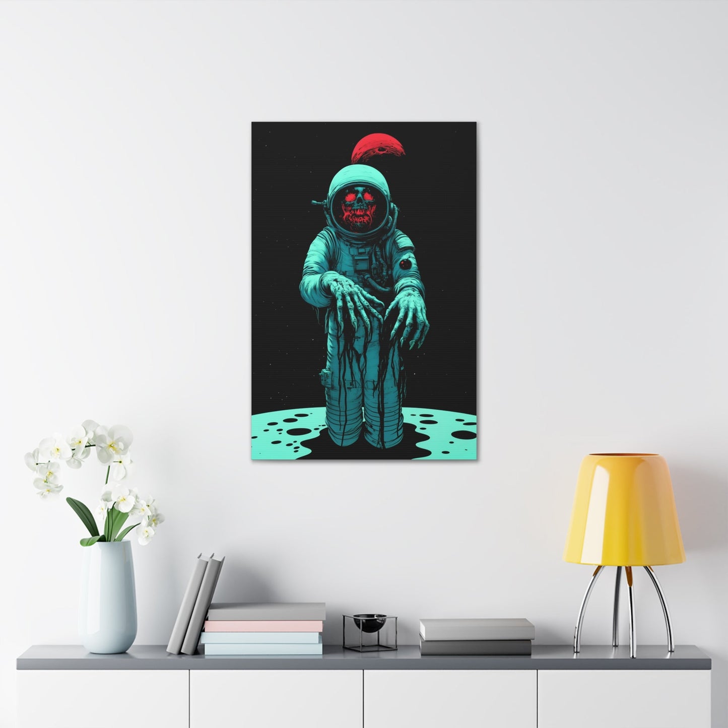 Vertical-oriented wall art: "Cosmic Remains IV" A decayed astronaut, with grotesque hands reaching forward, stands against a dark space background, illuminated by eerie teal and red tones. The haunting figure evokes a sense of cosmic horror and isolation, creating a striking contrast between the decaying form and the endless void.