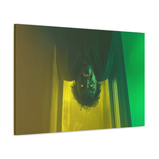 Horizontal-oriented wall art: "Haunting Hunger" An upside-down vampire with glowing yellow eyes and bared fangs hangs from a bedroom ceiling, illuminated by eerie green and yellow light. The figure's unsettling presence and intense gaze create a sense of immediate danger within the confined space.