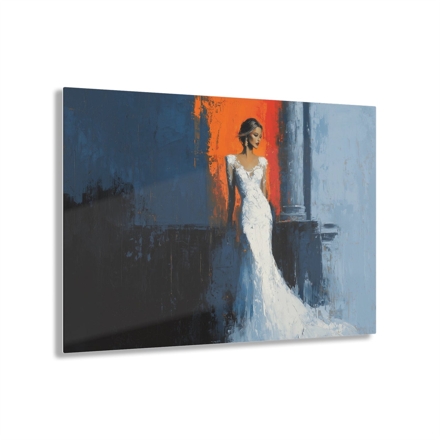 Horizontal-oriented wall art: "Ivory Vision." A poised woman stands gracefully in an ivory gown, illuminated by warm light against a vibrant orange and cool blue background. The palette knife painting technique enhances the textured details, evoking elegance and serenity.