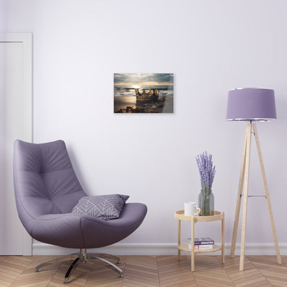 Horizontal-oriented wall art: "Find Your Crown" A golden crown rests gracefully on a sandy shore, illuminated by the warm glow of a sunset over gentle ocean waves. This evocative scene symbolizes self-discovery and the pursuit of inner majesty.