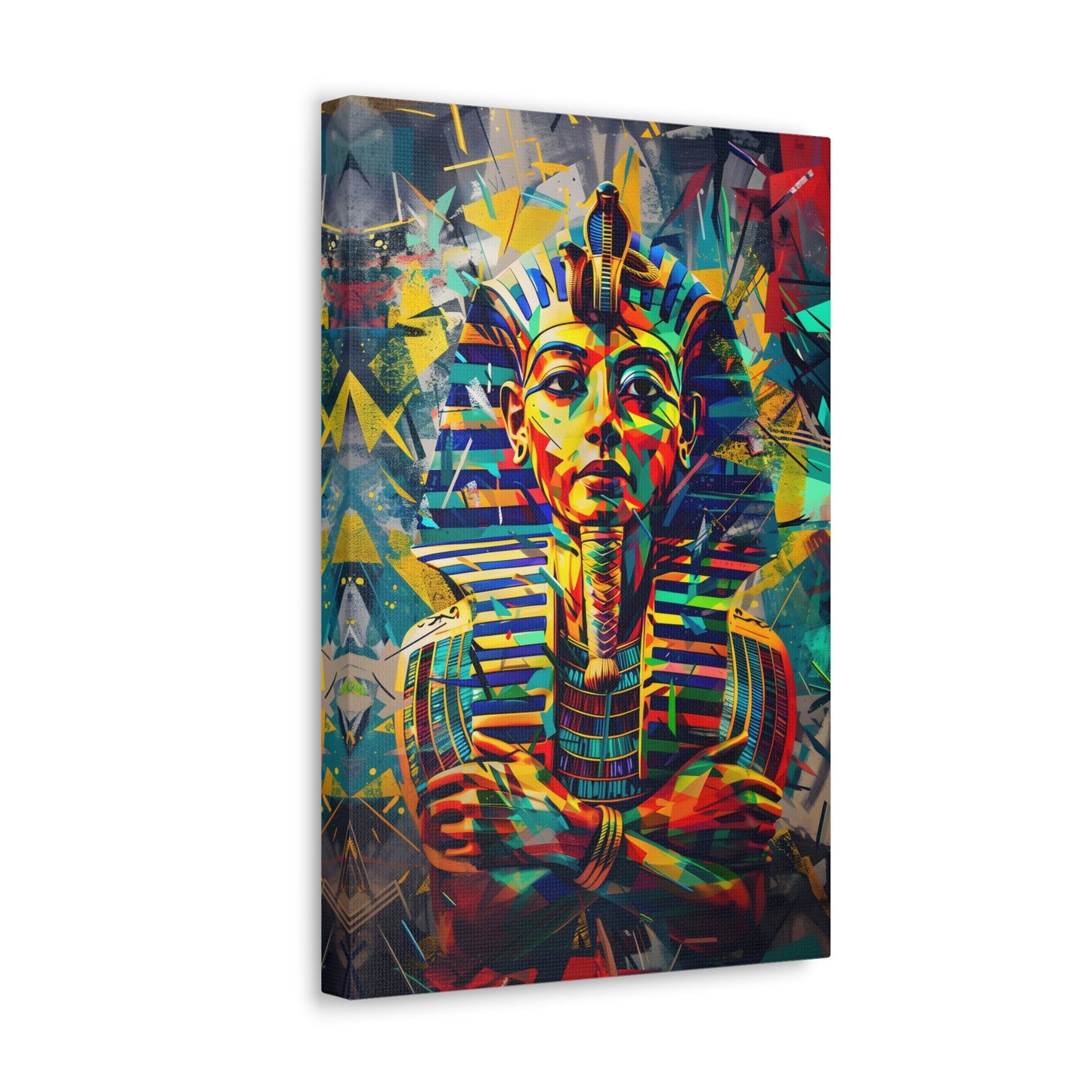 Vertical-oriented wall art: A regal portrait of King Tutankhamun, depicted with a golden headdress and adorned with ornate jewelry, exuding an aura of majesty and power.