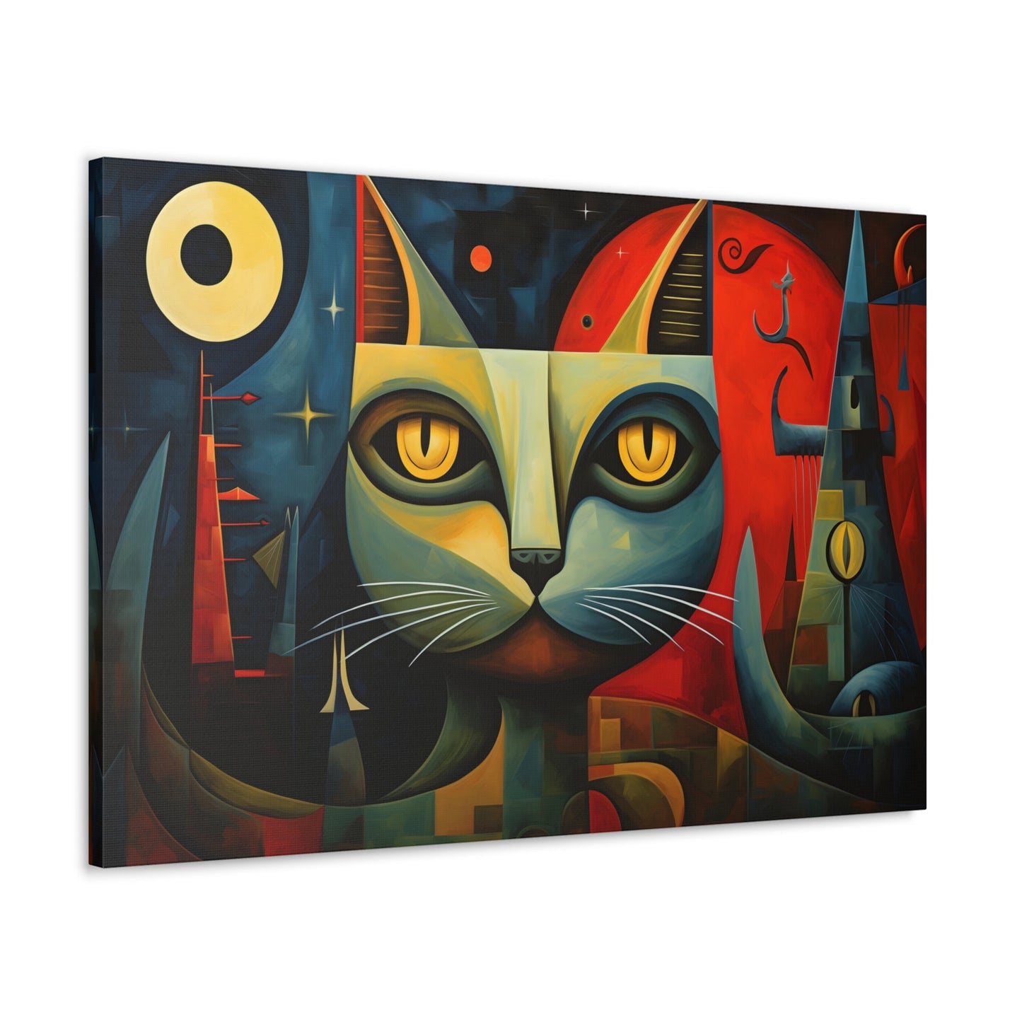 Horizontal-oriented wall art: A Cubist-inspired cat stares directly at the viewer, its eyes glowing with intensity against a backdrop of geometric shapes in deep blues, reds, and yellows. The abstract and surreal composition captures the feline's enigmatic nature, blending elements of modern art movements to create a vivid, otherworldly scene.