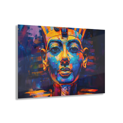 Horizontal-oriented wall art: A regal portrait of King Tutankhamun, depicted with a golden headdress and adorned with ornate jewelry, exuding an aura of majesty and power.