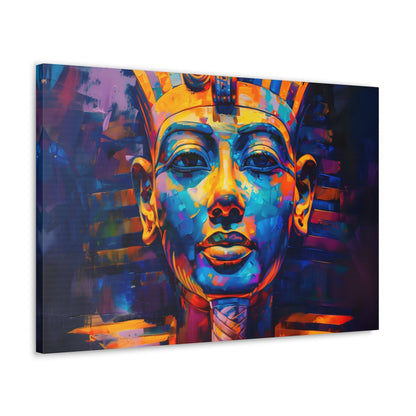 Horizontal-oriented wall art: A regal portrait of King Tutankhamun, depicted with a golden headdress and adorned with ornate jewelry, exuding an aura of majesty and power.