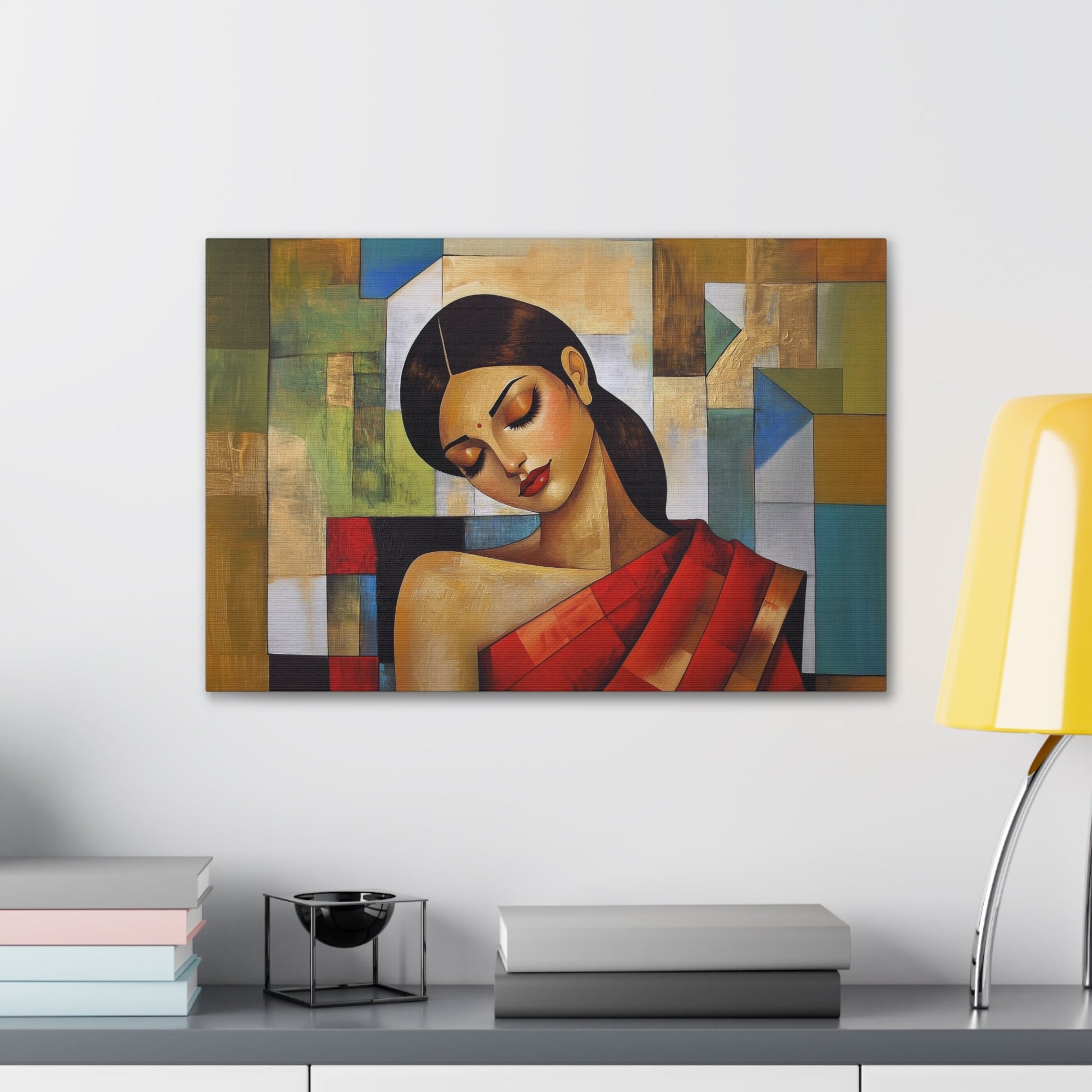 Horizontal-oriented wall art: "Fractured Grace." An Indian woman in traditional attire is depicted in a Cubist style, her contemplative expression framed by geometric shapes and bold colors of red, green, and gold. The textured background and soft dramatic lighting create an elegant and serene composition.