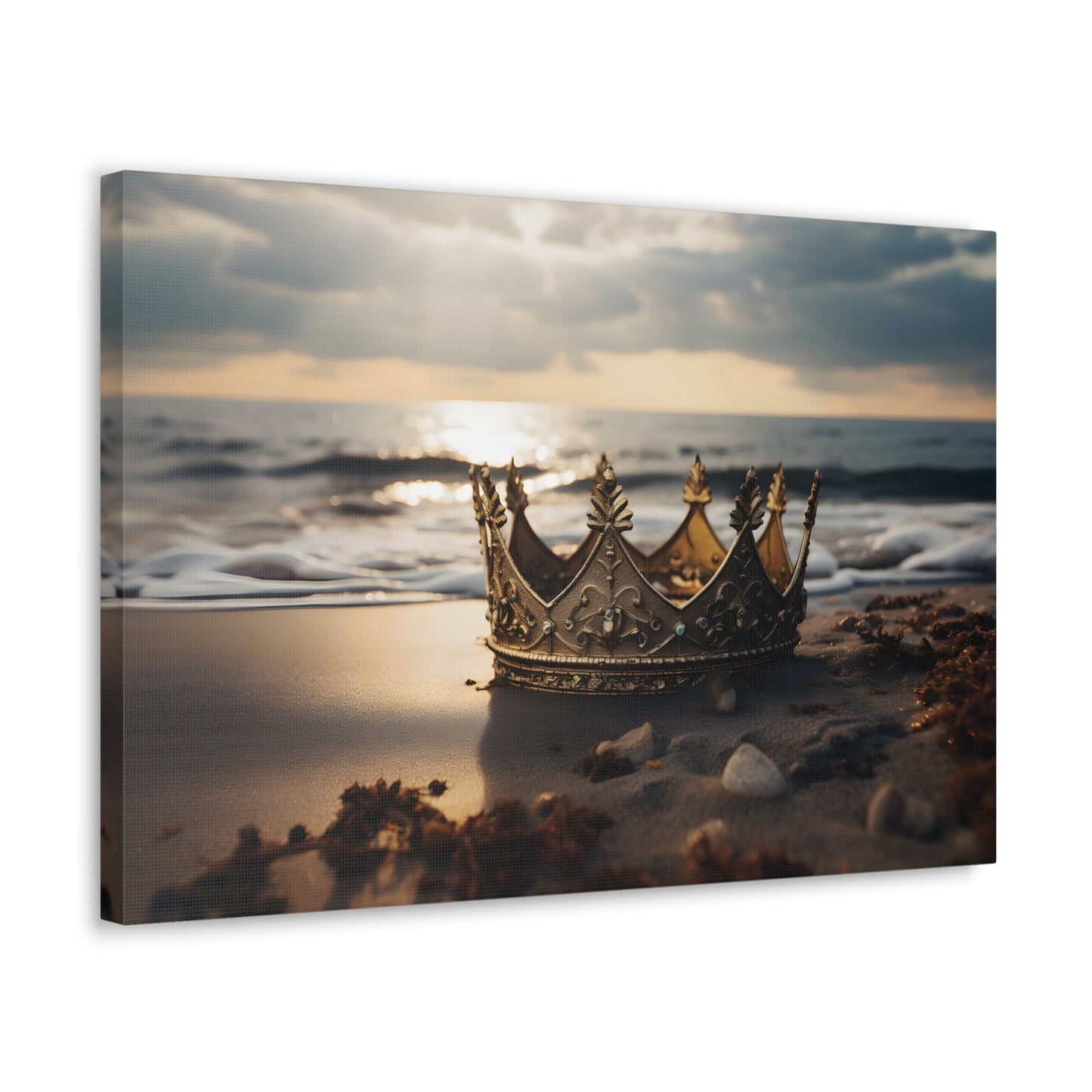 Horizontal-oriented wall art: "Find Your Crown" A golden crown rests gracefully on a sandy shore, illuminated by the warm glow of a sunset over gentle ocean waves. This evocative scene symbolizes self-discovery and the pursuit of inner majesty.