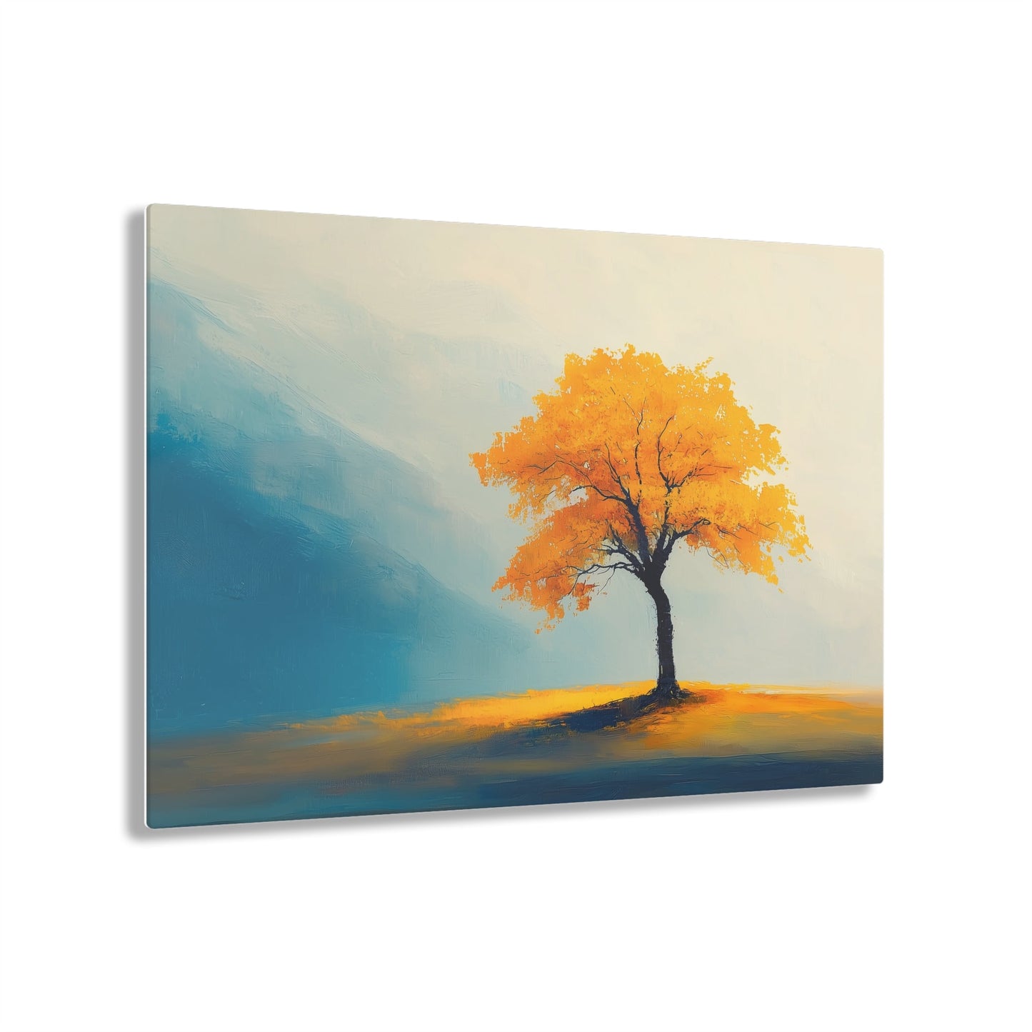 Horizontal-oriented wall art: Artwork titled Autumn’s Glow from the Ethereal Horizons collection, featuring a vibrant golden tree standing alone in a serene, misty landscape. The composition combines warm amber tones with soft teal hues, evoking tranquility and the timeless beauty of autumn.