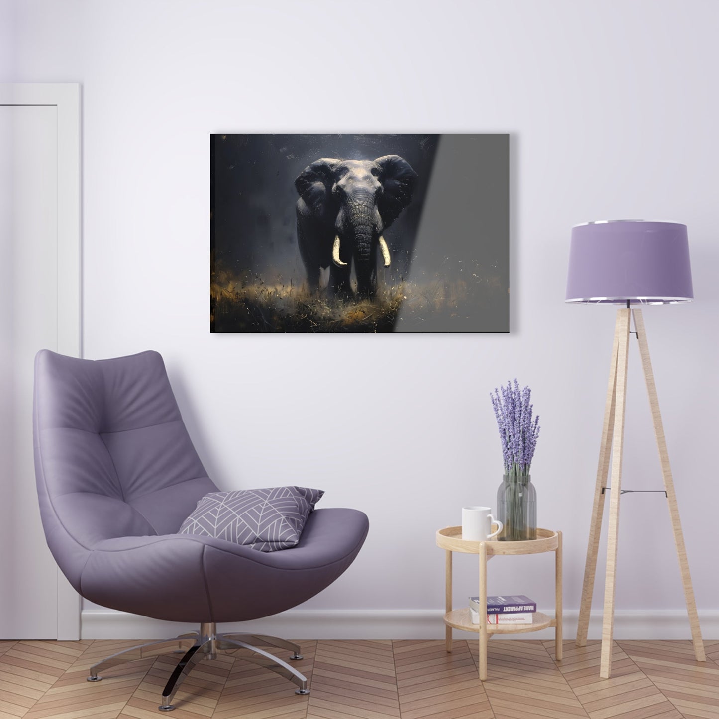 Horizontal-oriented wall art: Elephant's Shadow from the Darklight Bestiary collection depicts a majestic elephant inspired by Chiaroscuro painting technique. The interplay of light and shadow highlights the elephant's powerful form, creating a dramatic and captivating visual experience.