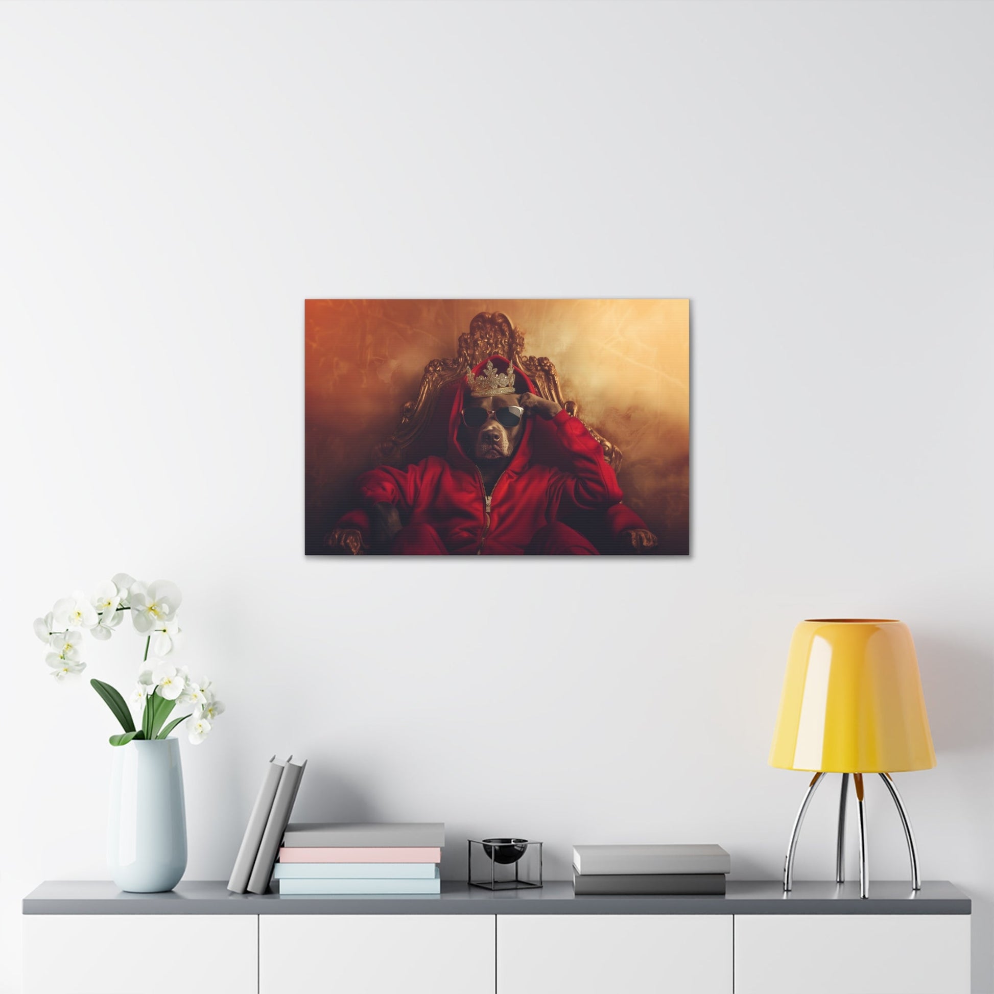 Horizontal-oriented wall art: "Crowned Companion" A regal dog sits on an ornate golden throne wearing a crown, sunglasses, and a red hoodie, exuding confidence and charm. This playful artwork combines luxury with a modern twist, celebrating the noble spirit of pets.