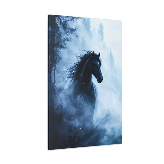 Vertical-oriented wall art: "Shadowed Stallion IV" A powerful black stallion charges through a misty forest, its mane flowing wildly as snow swirls around it. The contrast between the horse's dark figure and the soft, ethereal fog creates a striking, otherworldly scene.