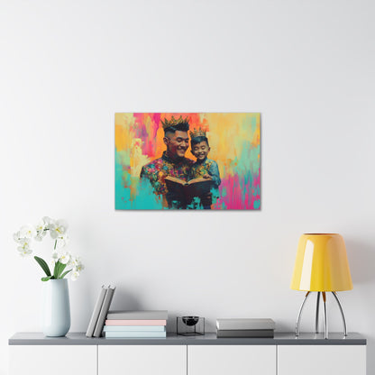 Horizontal-Oriented wall art: "Crowning Knowledge V" depicts a joyful father and son wearing golden crowns, smiling as they share a moment of reading together against a vibrant, abstract background of pinks, oranges, and blues. The artwork blends detailed portraiture with a playful, colorful backdrop, capturing the warmth and happiness of family bonds.