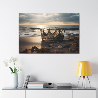 Horizontal-oriented wall art: "Find Your Crown" A golden crown rests gracefully on a sandy shore, illuminated by the warm glow of a sunset over gentle ocean waves. This evocative scene symbolizes self-discovery and the pursuit of inner majesty.