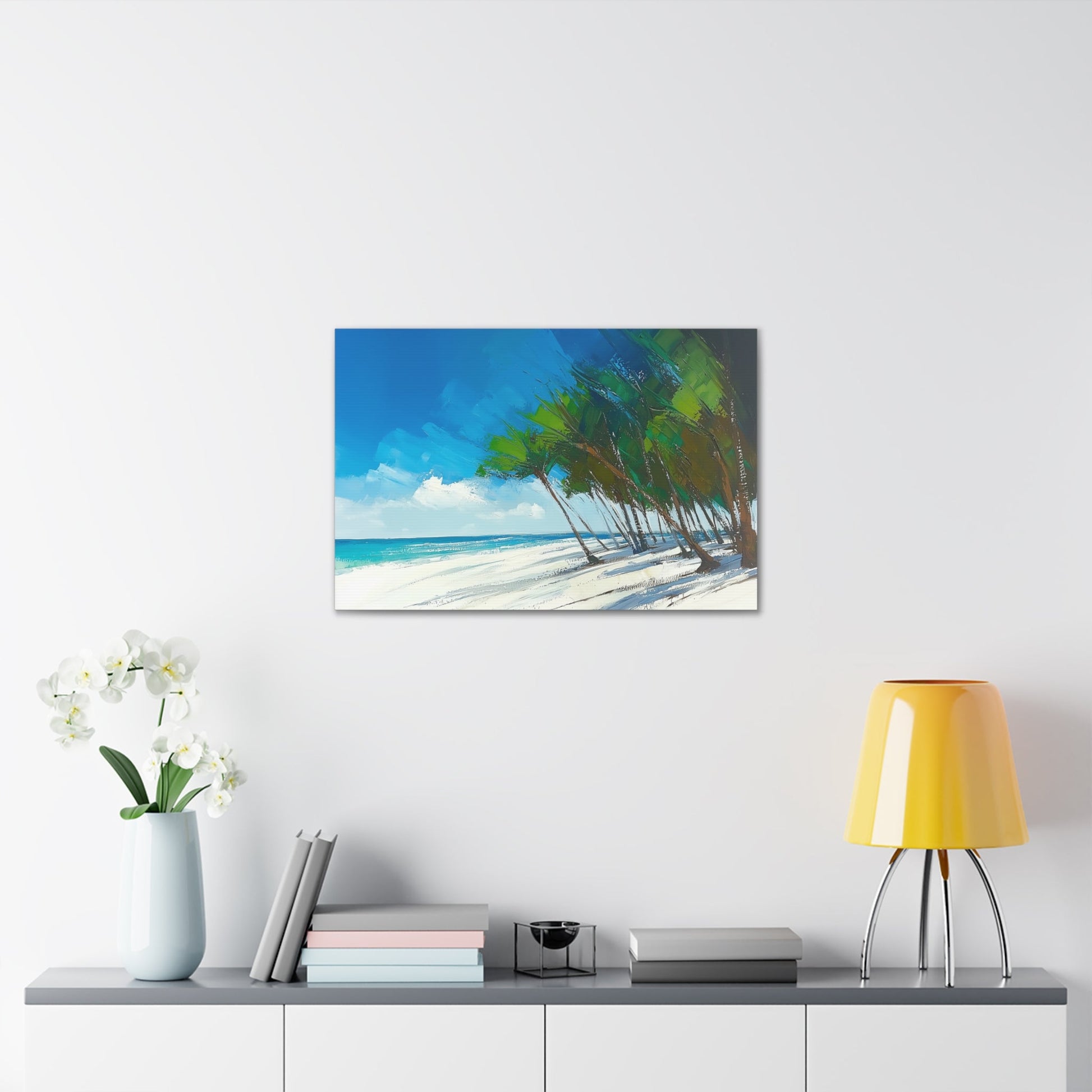 Horizontal-oriented wall art: "Sands of Summer." A serene, golden shoreline meets rippling waves under a pastel sky, blending warm amber hues with soft blues and pinks. The textured impressionistic brushwork creates a dreamy and peaceful coastal scene.