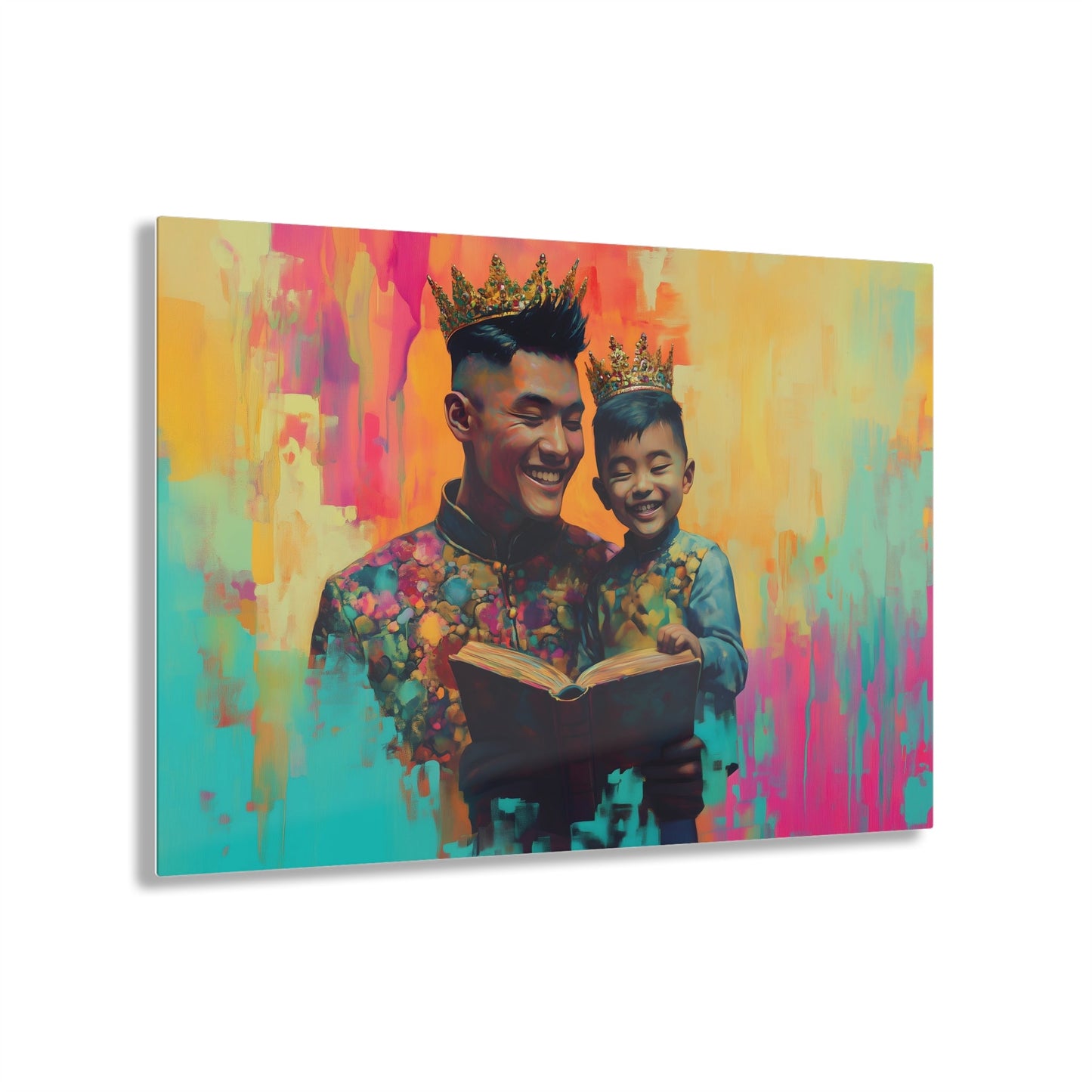 Horizontal-Oriented wall art: "Crowning Knowledge V" depicts a joyful father and son wearing golden crowns, smiling as they share a moment of reading together against a vibrant, abstract background of pinks, oranges, and blues. The artwork blends detailed portraiture with a playful, colorful backdrop, capturing the warmth and happiness of family bonds.