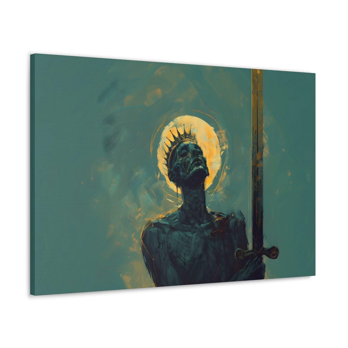 Horizontal-oriented wall art: An undead mummified king stands regally in the desert sands, bathed in the warm golden light of the sun.