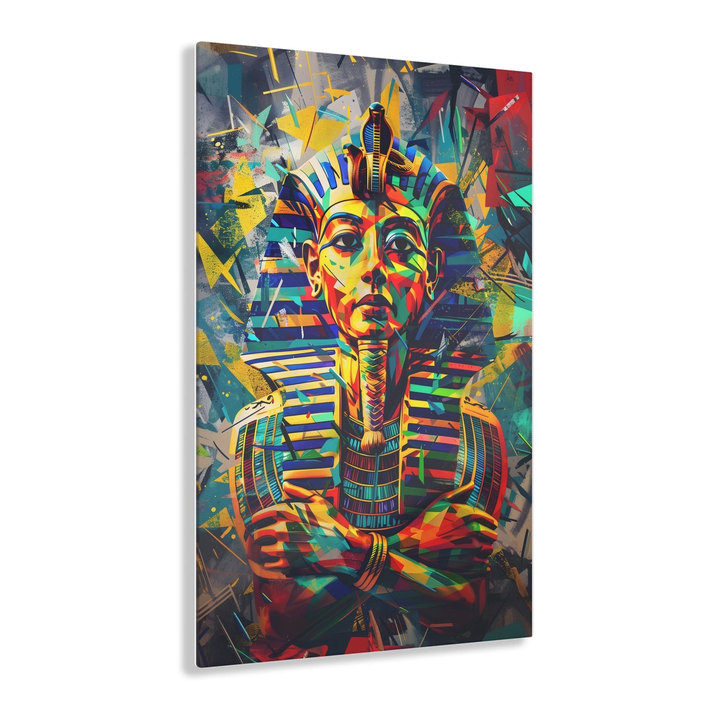 Vertical-oriented wall art: A regal portrait of King Tutankhamun, depicted with a golden headdress and adorned with ornate jewelry, exuding an aura of majesty and power.