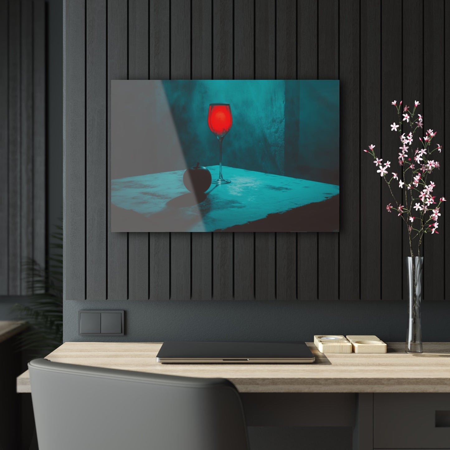 Horizontal-oriented wall art: "Eden’s Reflection" A glowing crimson wine glass and a shadowed black apple rest on a textured table, surrounded by a misty teal atmosphere. This gothic still-life composition captures an air of mystery and temptation with its striking interplay of light and shadow.