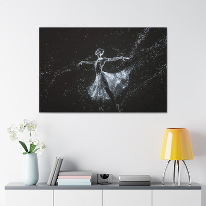 Horizontal-oriented wall art: "Cosmic Ballet III" A ballerina made of radiant, star-like dots gracefully dances against a dark, star-filled backdrop, her silhouette shining in monochromatic light. The scene captures the ethereal beauty of a cosmic dance, with stars trailing from her flowing skirt.