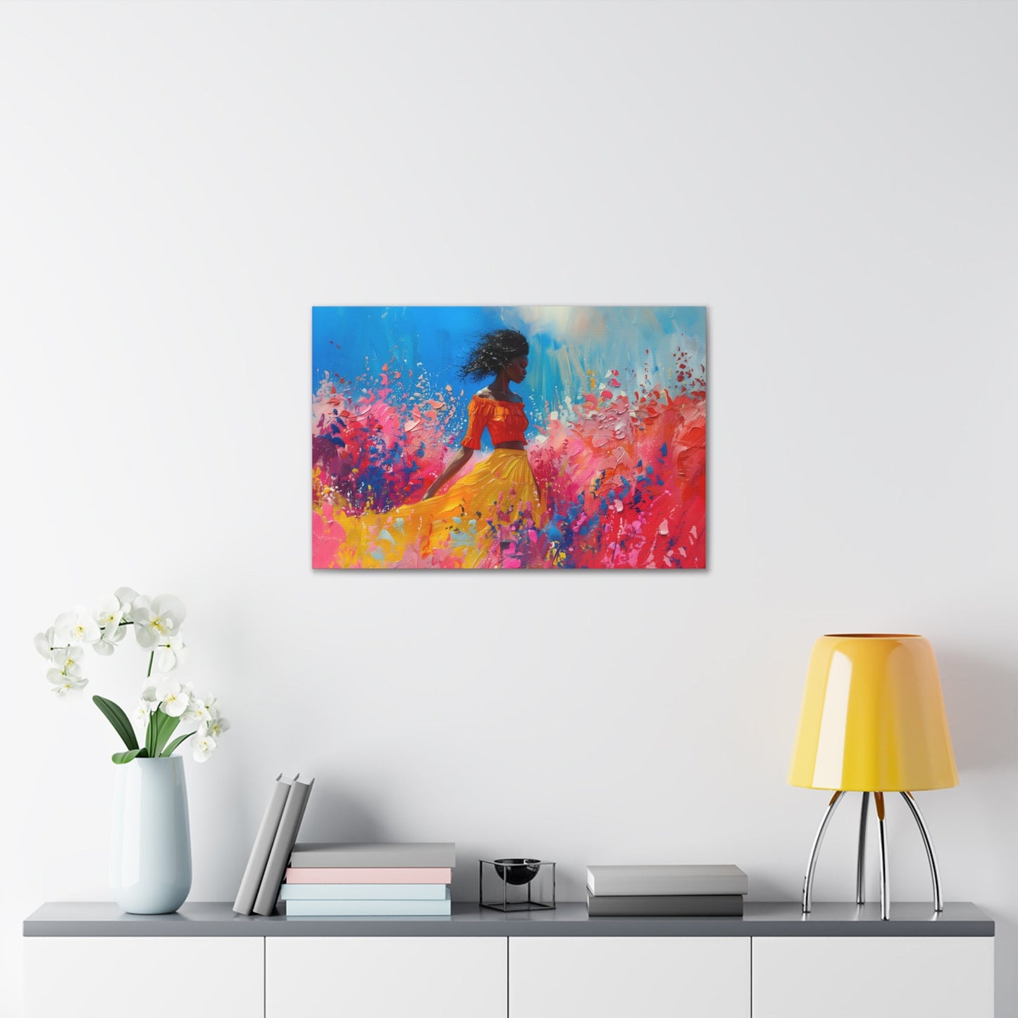 Horizontal-oriented artwork: An abstract palette knife oil painting featuring a woman walking through a colorful landscape of swirling paint splashes and vibrant hues.