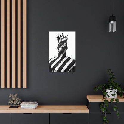 Vertical-oriented wall art: "Crown of Dignity II" A regal portrait of a man wearing a bold, geometric crown, with black and white stripes painted across his face and body. The minimalist composition emphasizes strength, elegance, and cultural pride in a modern, abstract style.