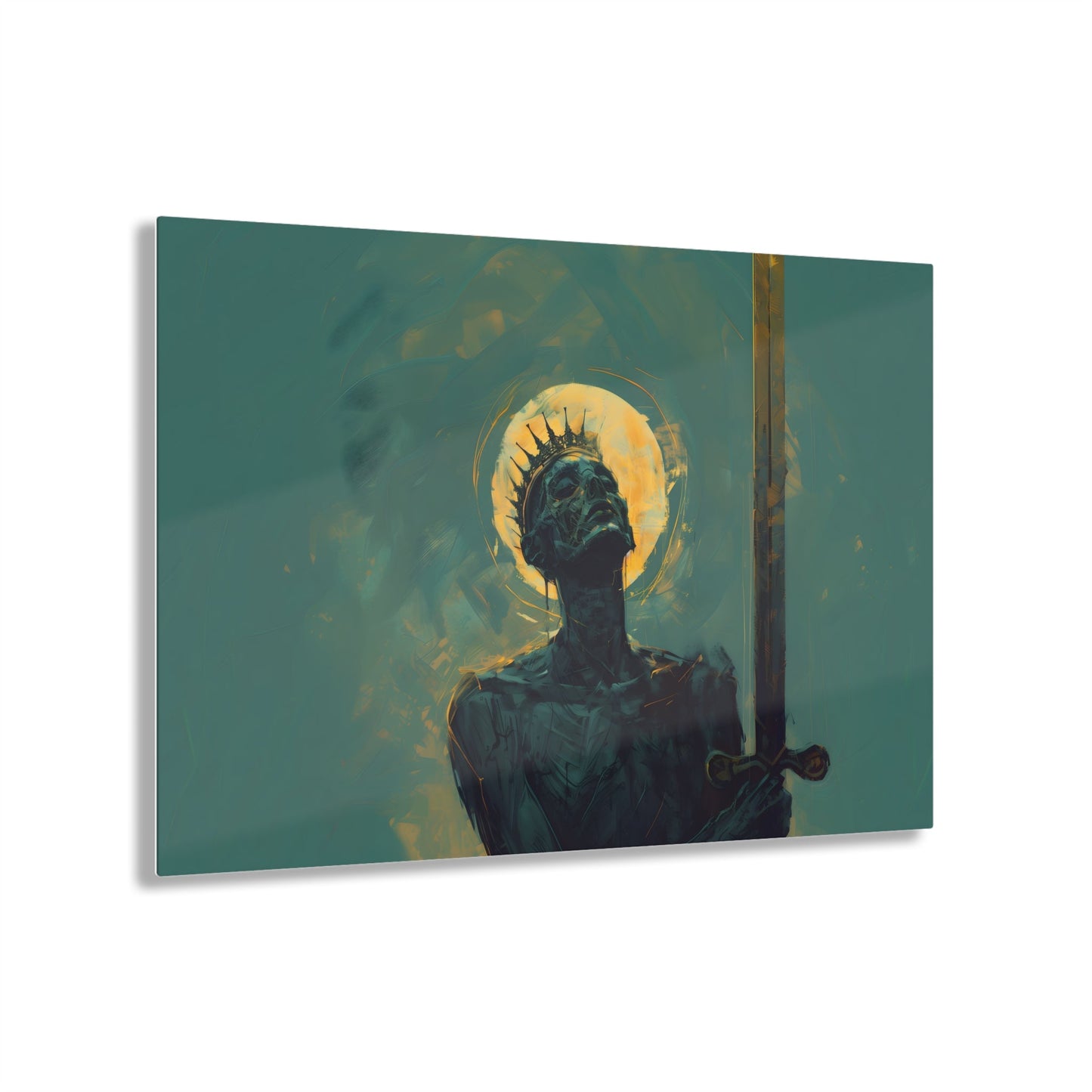 Horizontal-oriented wall art: An undead mummified king stands regally in the desert sands, bathed in the warm golden light of the sun.