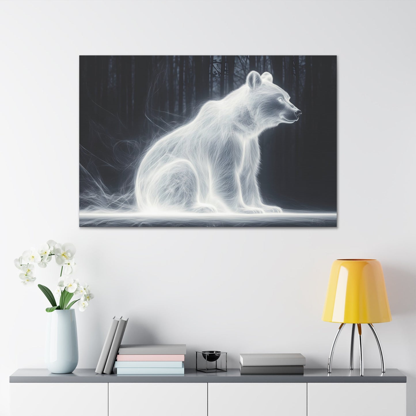 Horizontal-oriented wall art: "Glowing Guardian III" A luminous bear sits serenely in a dark forest, surrounded by a soft, glowing aura that illuminates its form. The ethereal light effect creates a mystical atmosphere, highlighting the bear's calm and protective presence against the shadowy background.