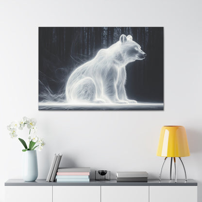 Horizontal-oriented wall art: "Glowing Guardian III" A luminous bear sits serenely in a dark forest, surrounded by a soft, glowing aura that illuminates its form. The ethereal light effect creates a mystical atmosphere, highlighting the bear's calm and protective presence against the shadowy background.