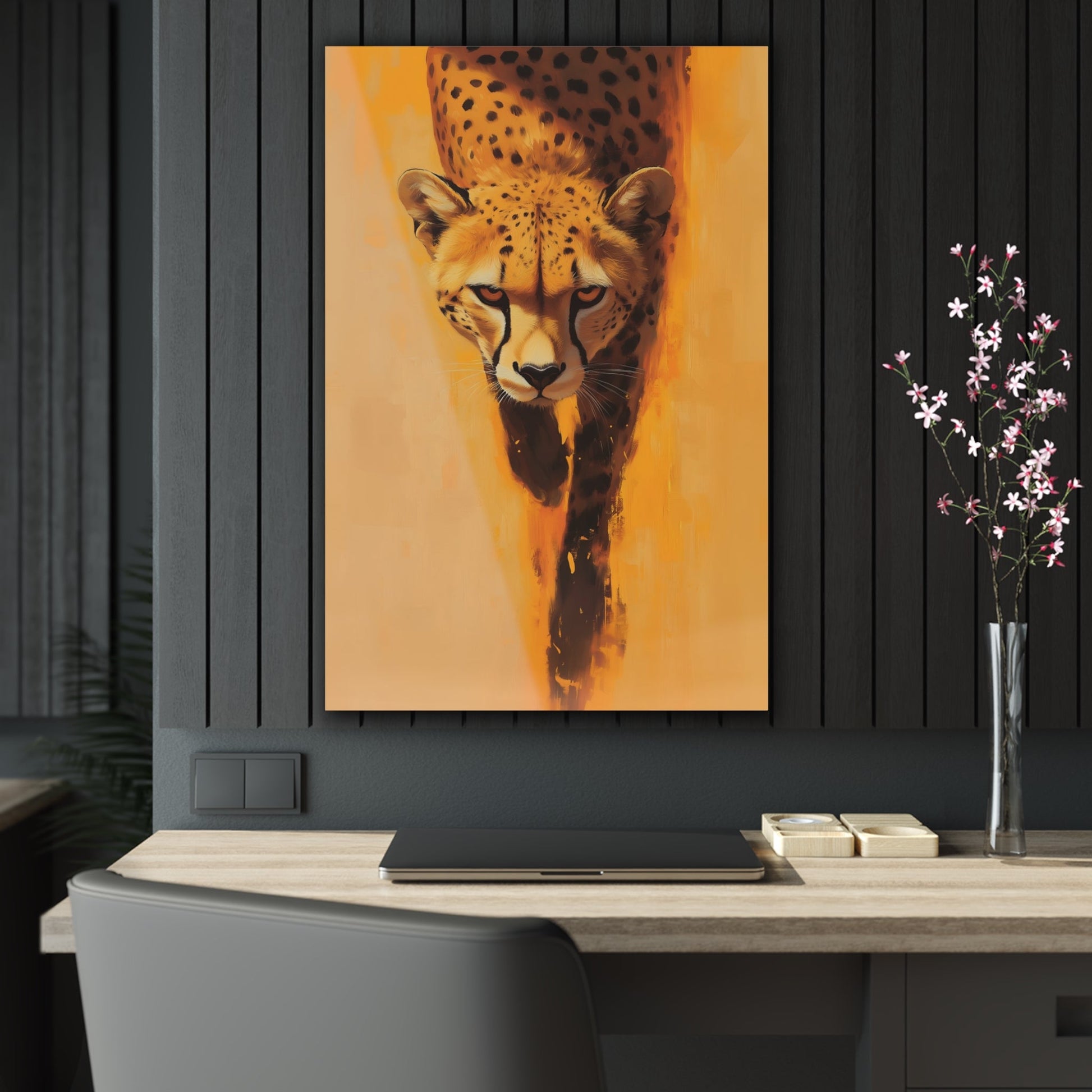 Vertical-oriented wall art: A striking portrait of a cheetah, set against a vibrant orange background, captures the animal’s focused gaze and sleek body as it moves forward. The minimalistic backdrop with dynamic brushstrokes accentuates the cheetah’s speed and agility, while its realistic details stand out in contrast to the abstract surroundings.