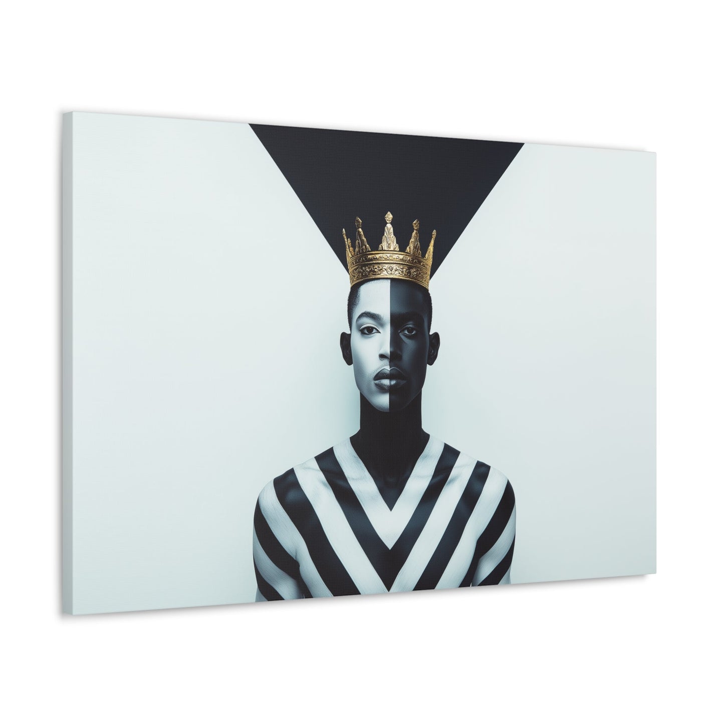 Horizontal-oriented wall art: "Crown of Dignity" A powerful portrait of a man wearing a golden crown, his face divided into bold black-and-white halves symbolizing balance and duality. The geometric background enhances the striking composition, blending regal elegance with modern precision.