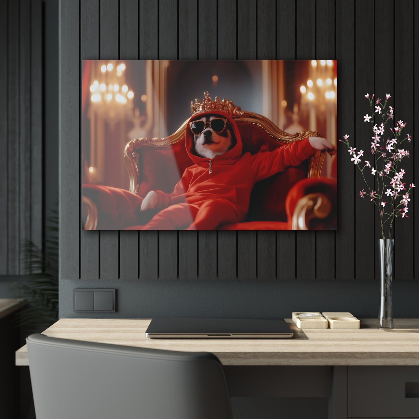 Horizontal-oriented wall art: "Crowned Companion III" A stylish dog lounges on a golden throne, wearing a crown, sunglasses, and a red hoodie in a luxurious royal setting. This playful artwork combines elegance and humor, portraying the pet as a modern ruler with personality.