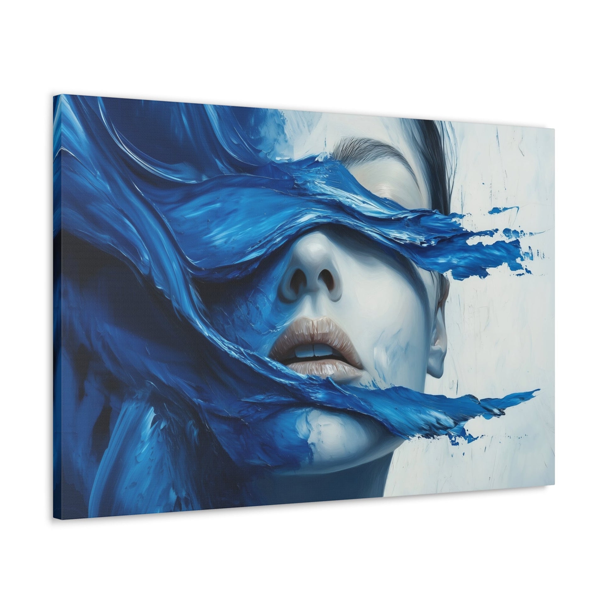 Horizontal-oriented wall art "Tides of the Mind" A surreal portrait of a woman's face partially obscured by flowing waves of cobalt blue paint. The image evokes a sense of introspection and calm, blending realistic features with abstract, fluid movement.