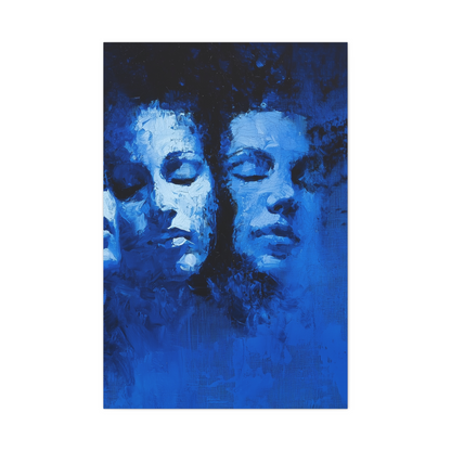 3-panel wall art: "Reflections in Blue." A series of overlapping human faces emerge from a cobalt and azure background, their expressions serene and introspective. The textured brushstrokes and monochromatic blue tones create a dreamlike, surreal atmosphere.