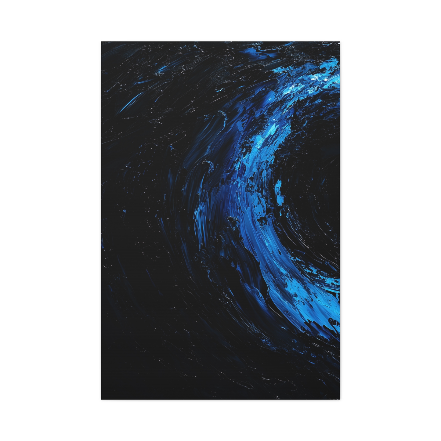 3-Panel wall art: "Azure Vortex." A swirling vortex of cobalt blue and black sweeps across the canvas, highlighted with radiant light blues, creating a dramatic and surreal effect. The textured brushstrokes add depth and movement, evoking a sense of mystery and dynamic energy.