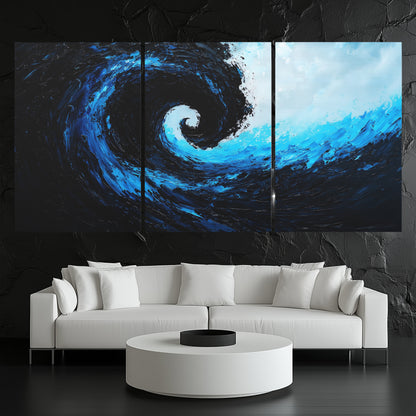 3-Panel wall art: "Azure Vortex." A swirling vortex of cobalt blue and black sweeps across the canvas, highlighted with radiant light blues, creating a dramatic and surreal effect. The textured brushstrokes add depth and movement, evoking a sense of mystery and dynamic energy.