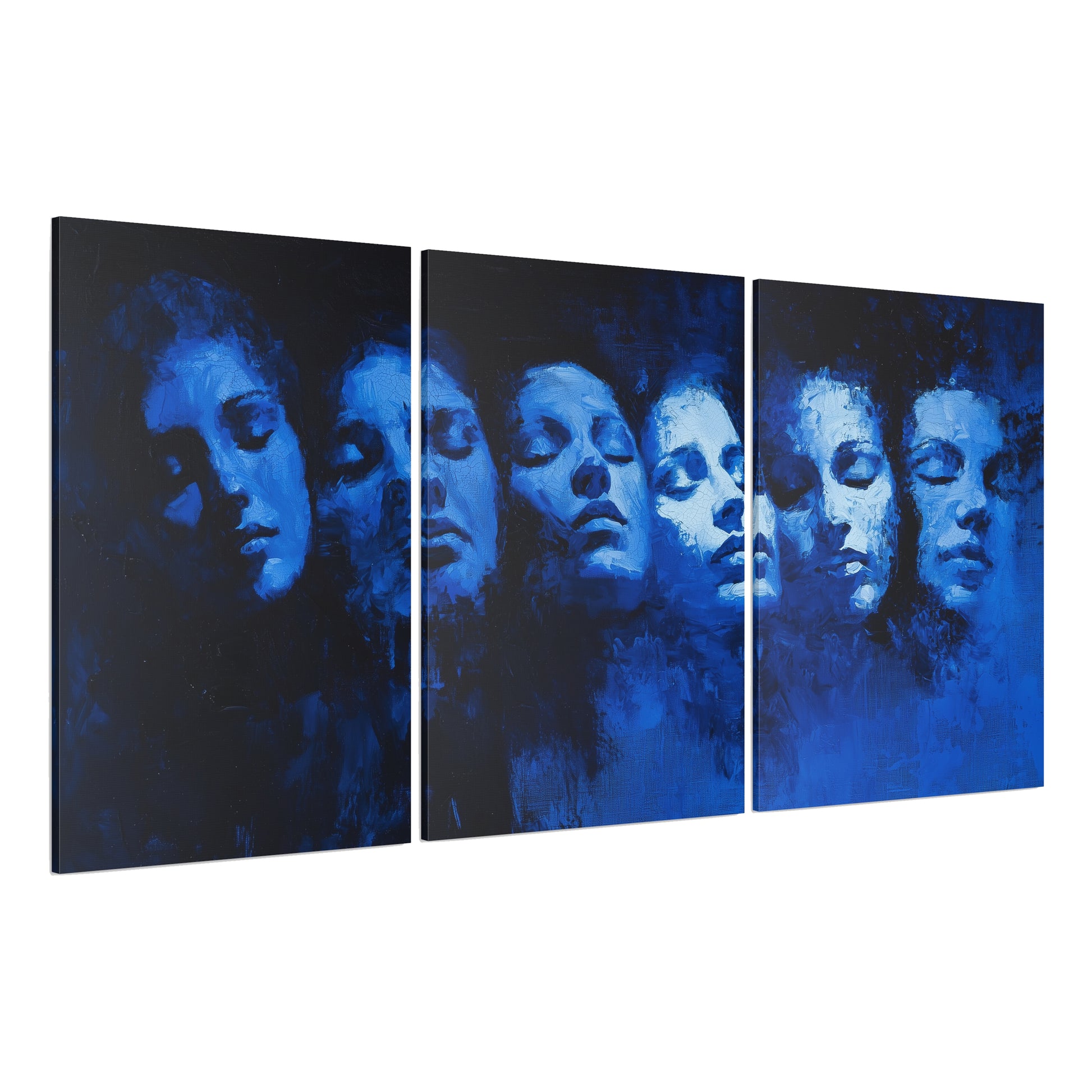 3-panel wall art: "Reflections in Blue." A series of overlapping human faces emerge from a cobalt and azure background, their expressions serene and introspective. The textured brushstrokes and monochromatic blue tones create a dreamlike, surreal atmosphere.