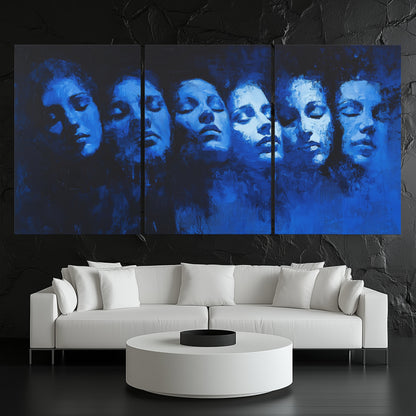 3-panel wall art: "Reflections in Blue." A series of overlapping human faces emerge from a cobalt and azure background, their expressions serene and introspective. The textured brushstrokes and monochromatic blue tones create a dreamlike, surreal atmosphere.