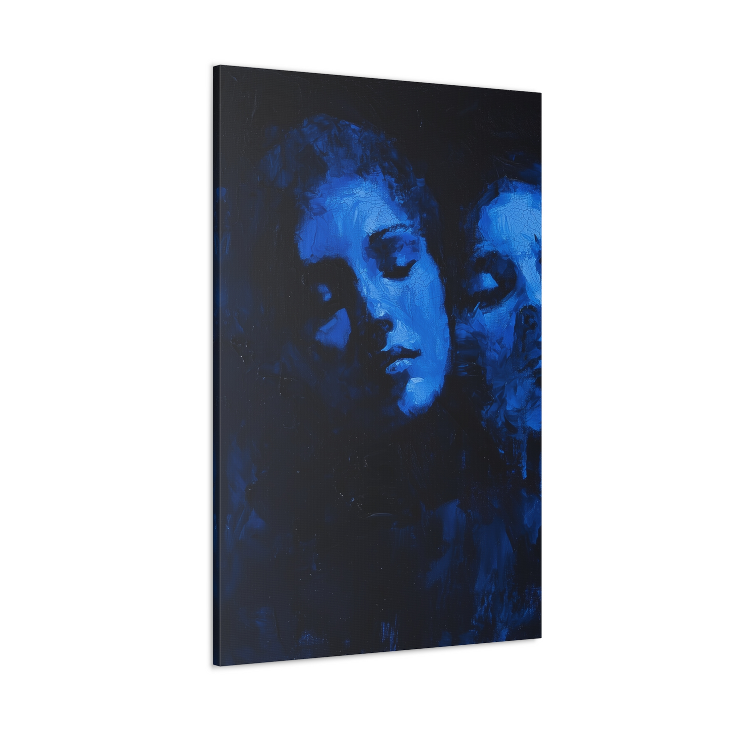 3-panel wall art: "Reflections in Blue." A series of overlapping human faces emerge from a cobalt and azure background, their expressions serene and introspective. The textured brushstrokes and monochromatic blue tones create a dreamlike, surreal atmosphere.