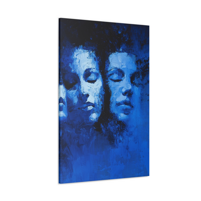 3-panel wall art: "Reflections in Blue." A series of overlapping human faces emerge from a cobalt and azure background, their expressions serene and introspective. The textured brushstrokes and monochromatic blue tones create a dreamlike, surreal atmosphere.