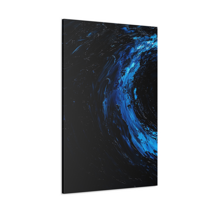 3-Panel wall art: "Azure Vortex." A swirling vortex of cobalt blue and black sweeps across the canvas, highlighted with radiant light blues, creating a dramatic and surreal effect. The textured brushstrokes add depth and movement, evoking a sense of mystery and dynamic energy.