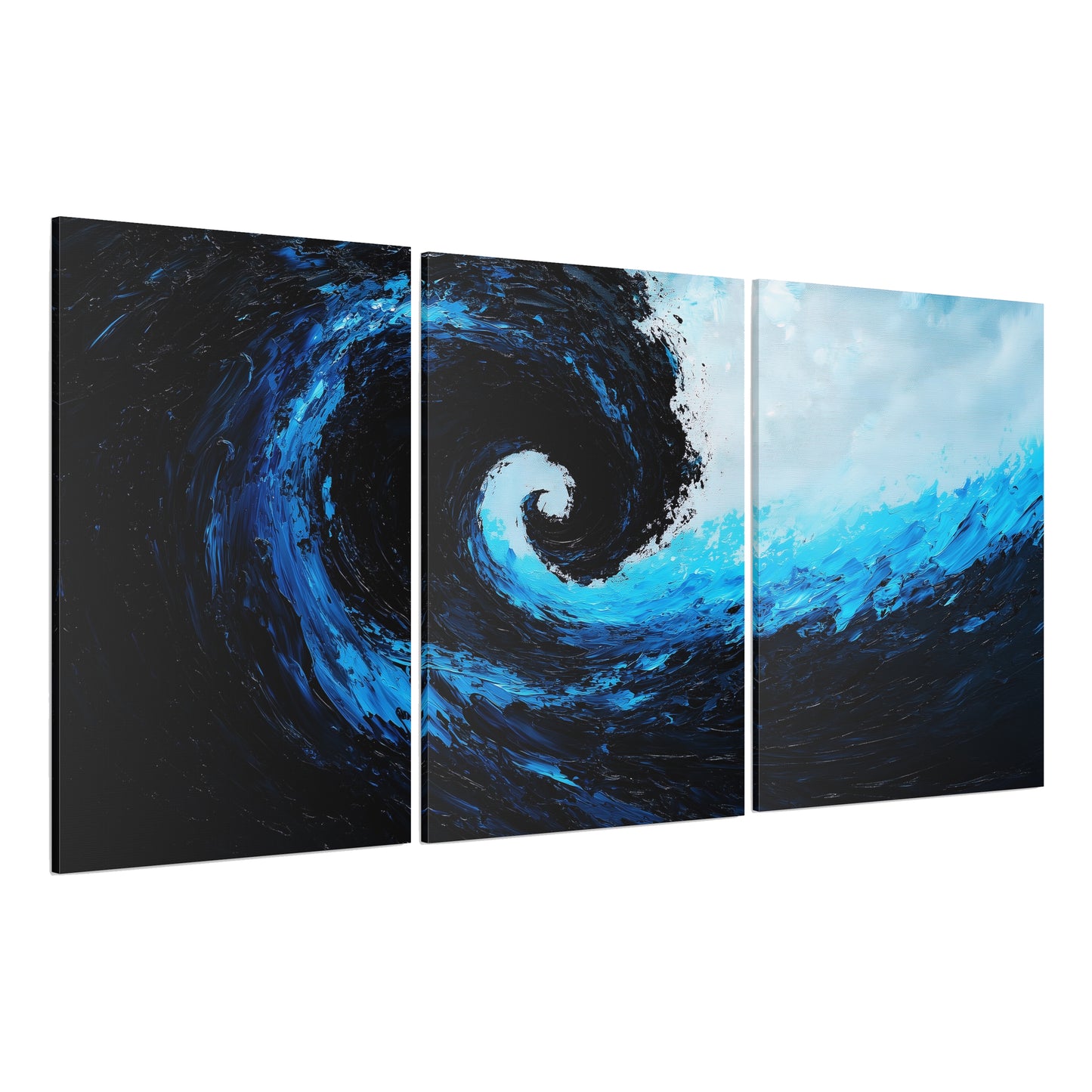 3-Panel wall art: "Azure Vortex." A swirling vortex of cobalt blue and black sweeps across the canvas, highlighted with radiant light blues, creating a dramatic and surreal effect. The textured brushstrokes add depth and movement, evoking a sense of mystery and dynamic energy.