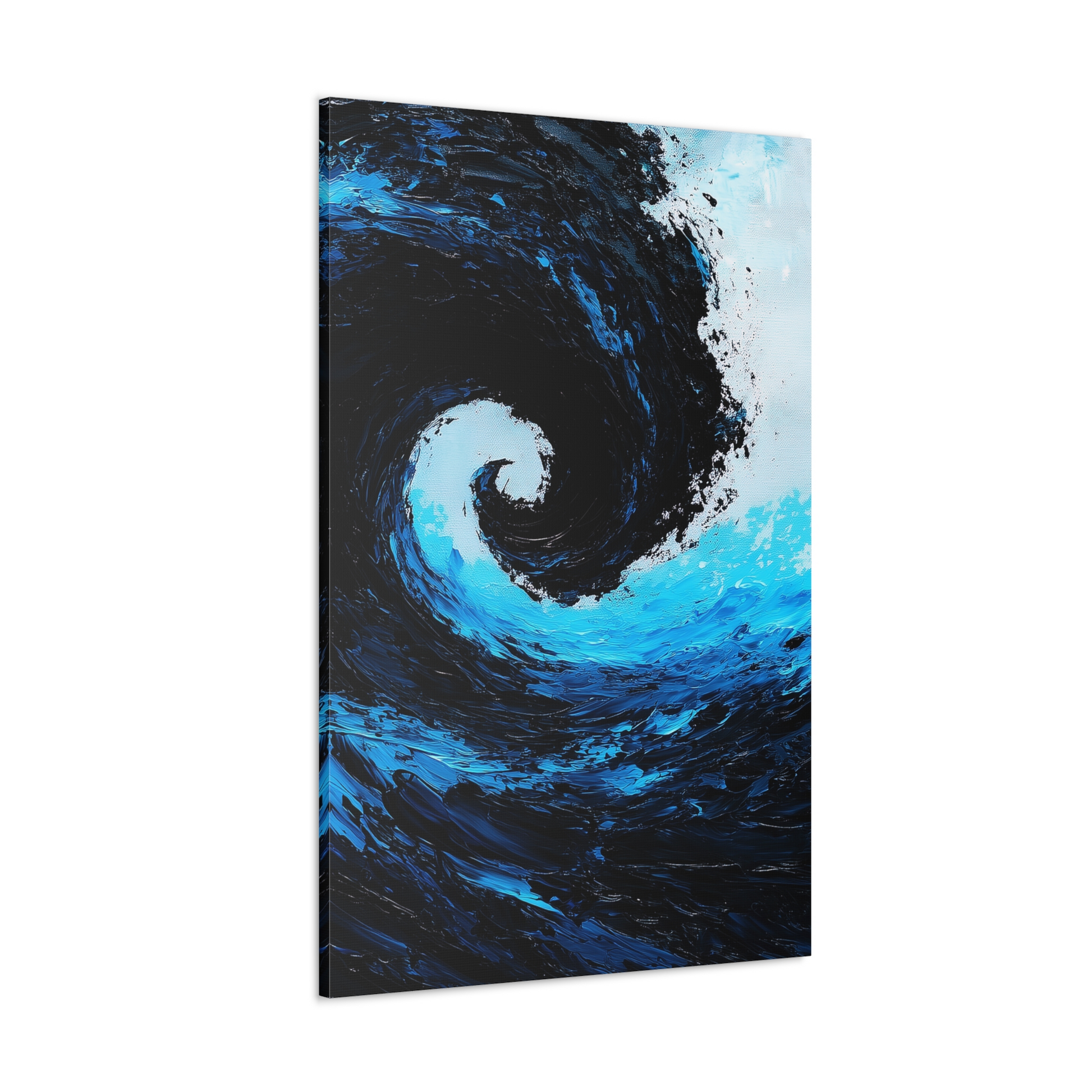 3-Panel wall art: "Azure Vortex." A swirling vortex of cobalt blue and black sweeps across the canvas, highlighted with radiant light blues, creating a dramatic and surreal effect. The textured brushstrokes add depth and movement, evoking a sense of mystery and dynamic energy.