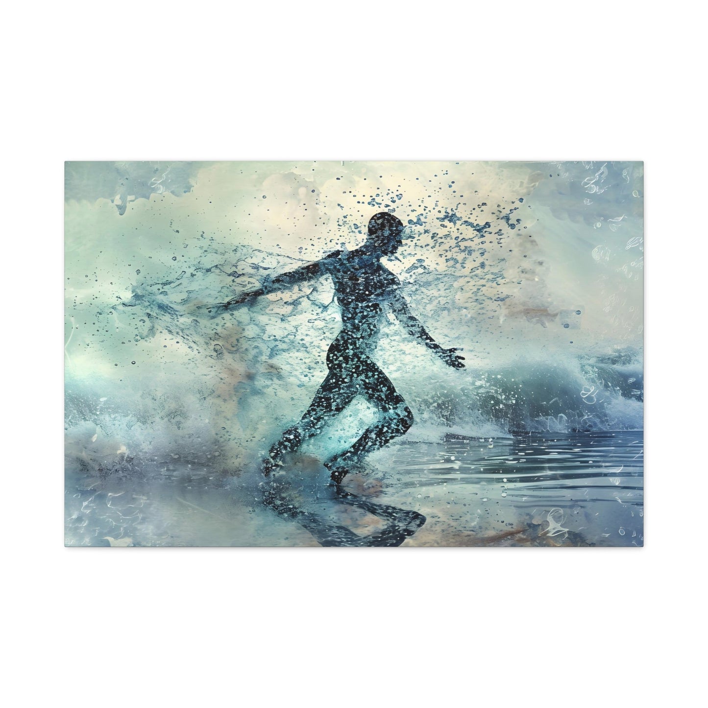 Spectral Seafarer" portrays a male silhouette dancing amid celestial oceanic waves, blending ethereal beauty with the grace of the underwater world, in a stunning display of pointillism-infused art.