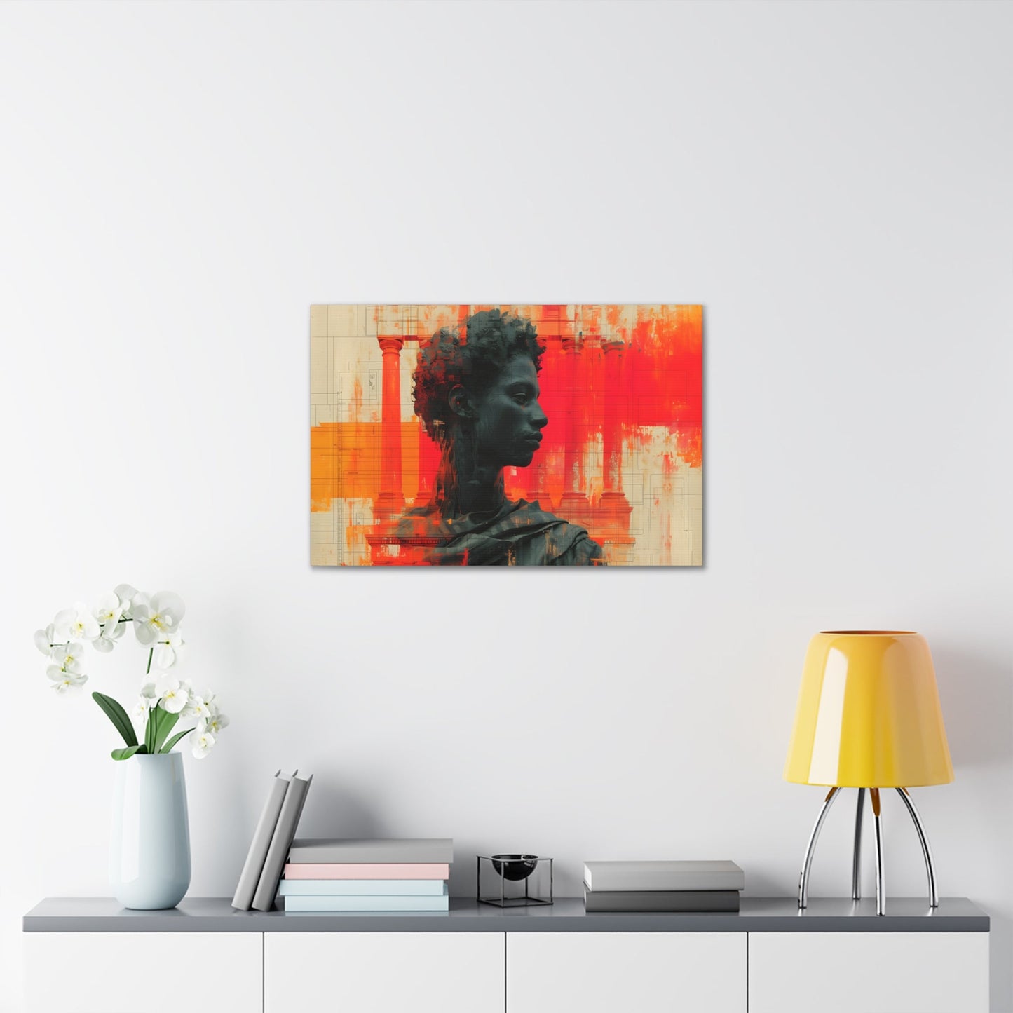 Horizontal-Oriented wall art: Digital artwork titled AfroSync from the Renaissance Rebooted collection, featuring a Renaissance-inspired male statue with an Afro-centric twist, surrounded by glitch art and vibrant red and orange tones. The image combines classical sculpture with modern digital elements, symbolizing the fusion of tradition and technology.
