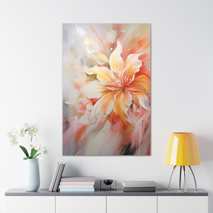 Vertical-Oriented wall art: "Whispering Ivory II" A soft, ivory-colored flower with gentle petals in shades of cream, peach, and blush, captured in flowing brushstrokes. This abstract artwork exudes tranquility and elegance, creating a serene atmosphere.