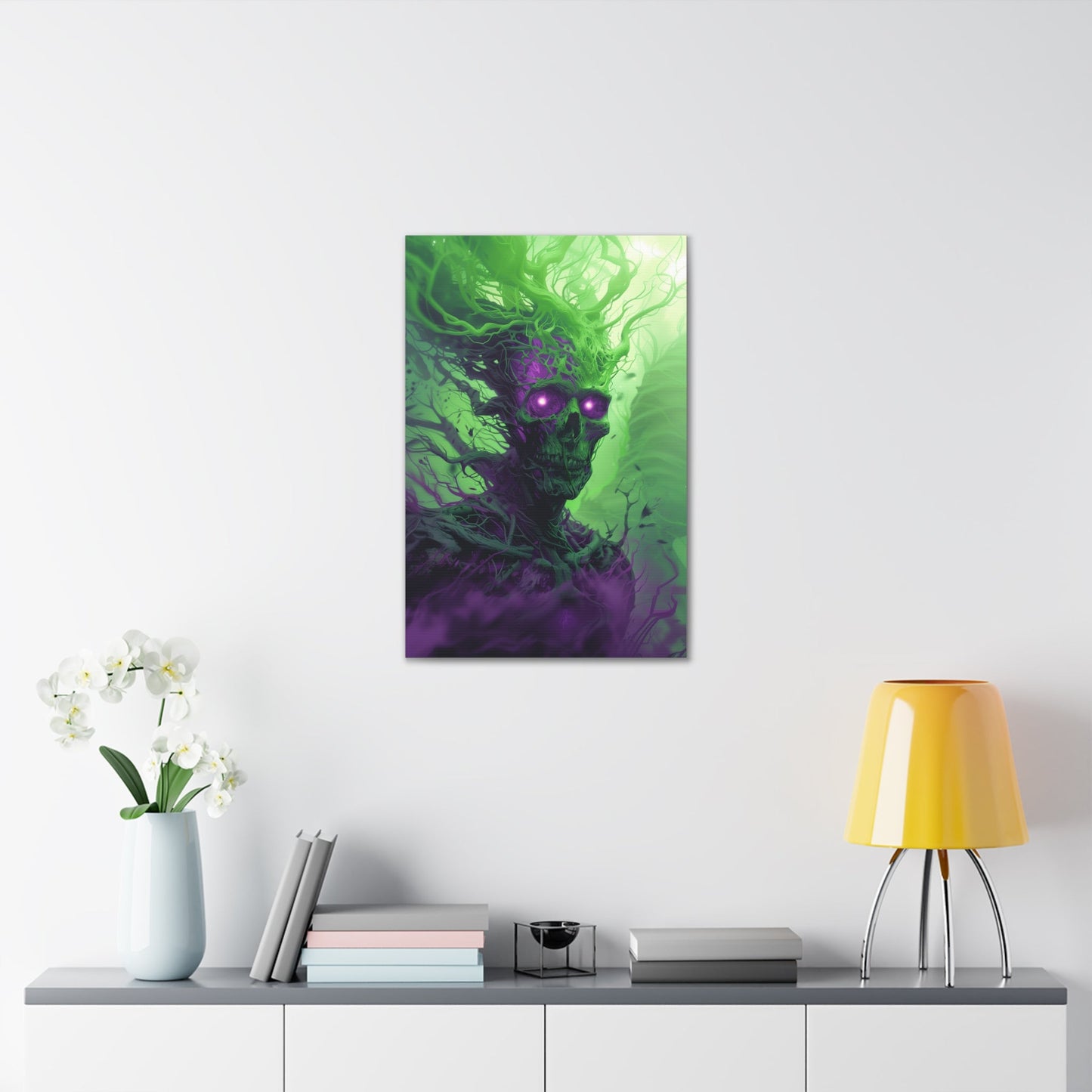 Vertical-oriented artwork: An eerie illustration featuring a mystical lich with glowing eyes, surrounded by eldritch energies in shades of green and purple, against a dark, ominous background.